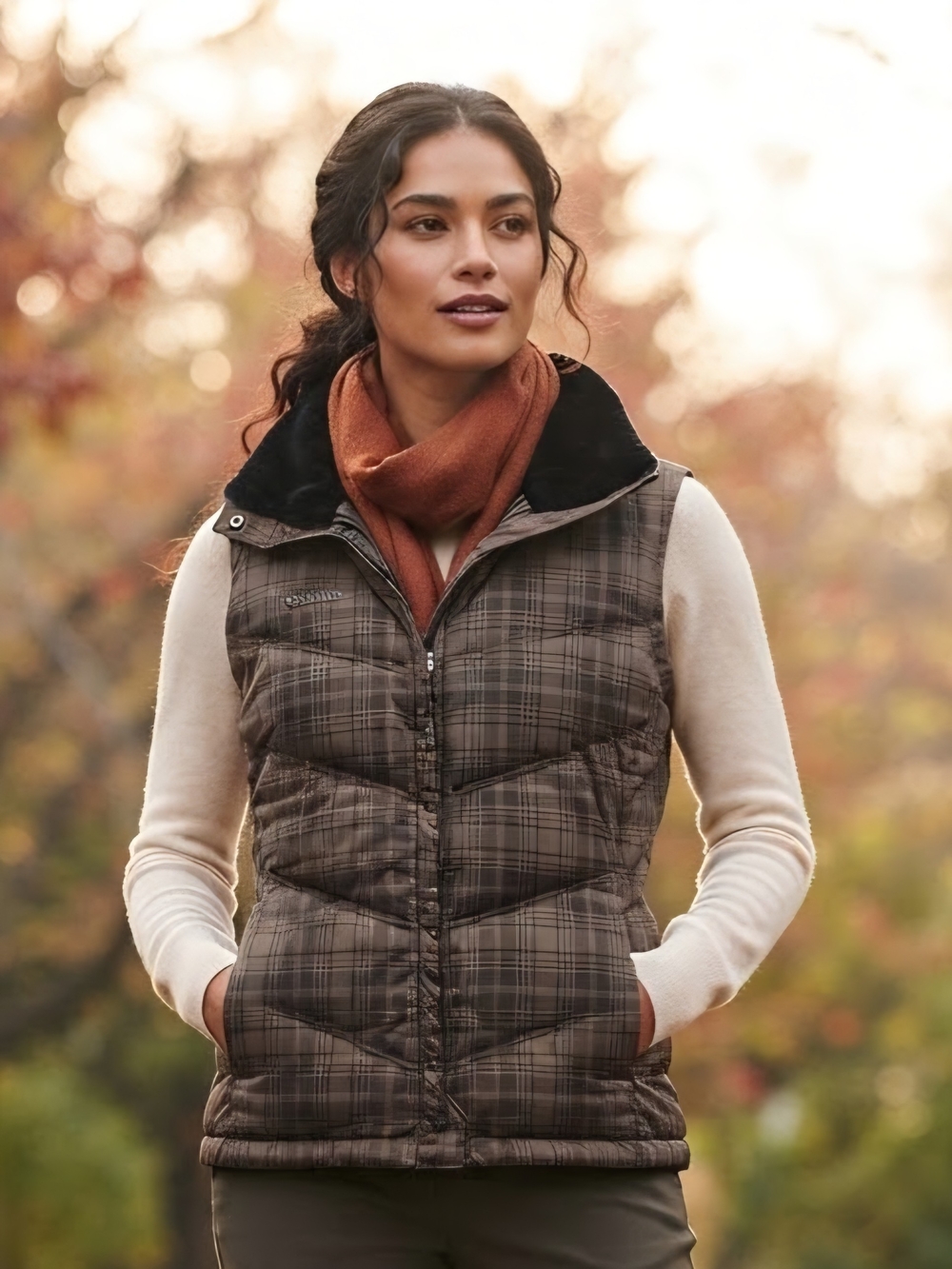 Quilted Plaid Vest with Black Corduroy Collar - Brown Plaid